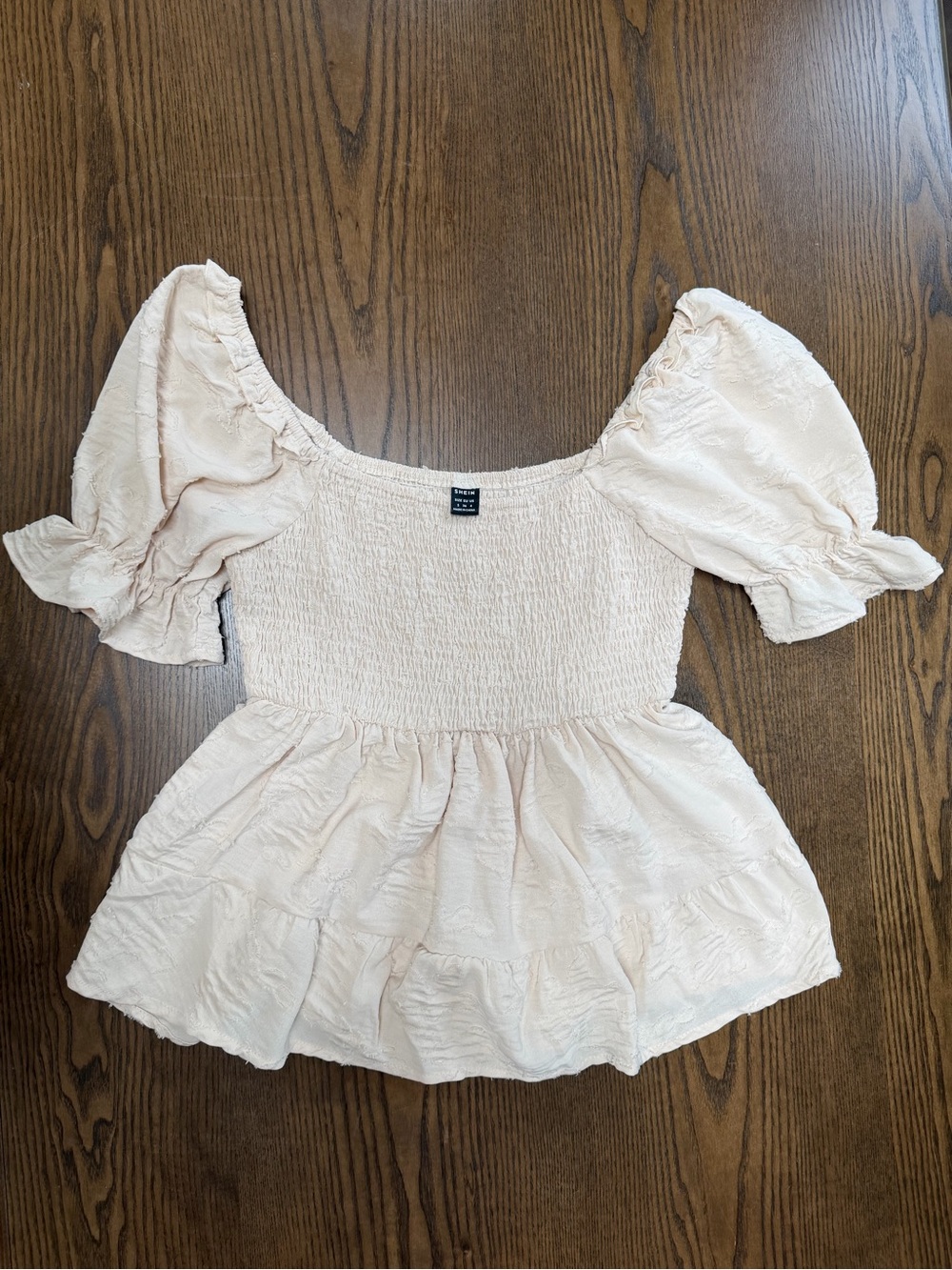 SHEIN Blush Smocked Puff-Sleeve Peplum Top